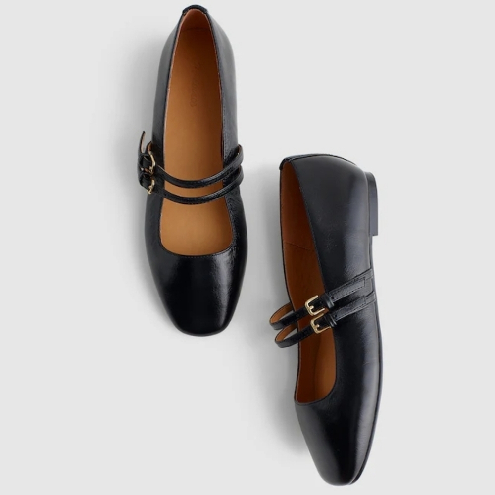 New! Madewell The Greta Double-Strap Ballet Flat in Leather True Black 6.5